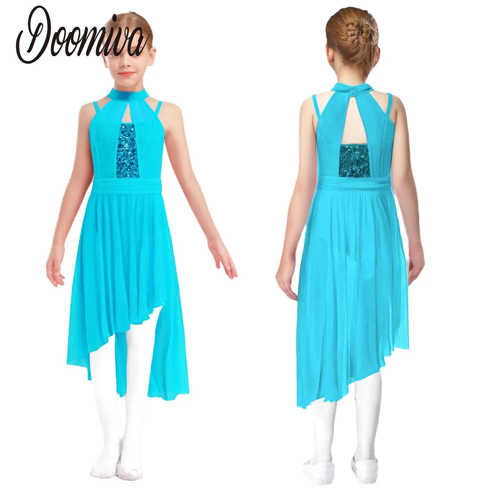 

Girls Lyrical Modern Dance Dress Figure Skating Performance Costume Sleeveless Sequins Bodice Asymmetrical Mesh Leotards Dresses