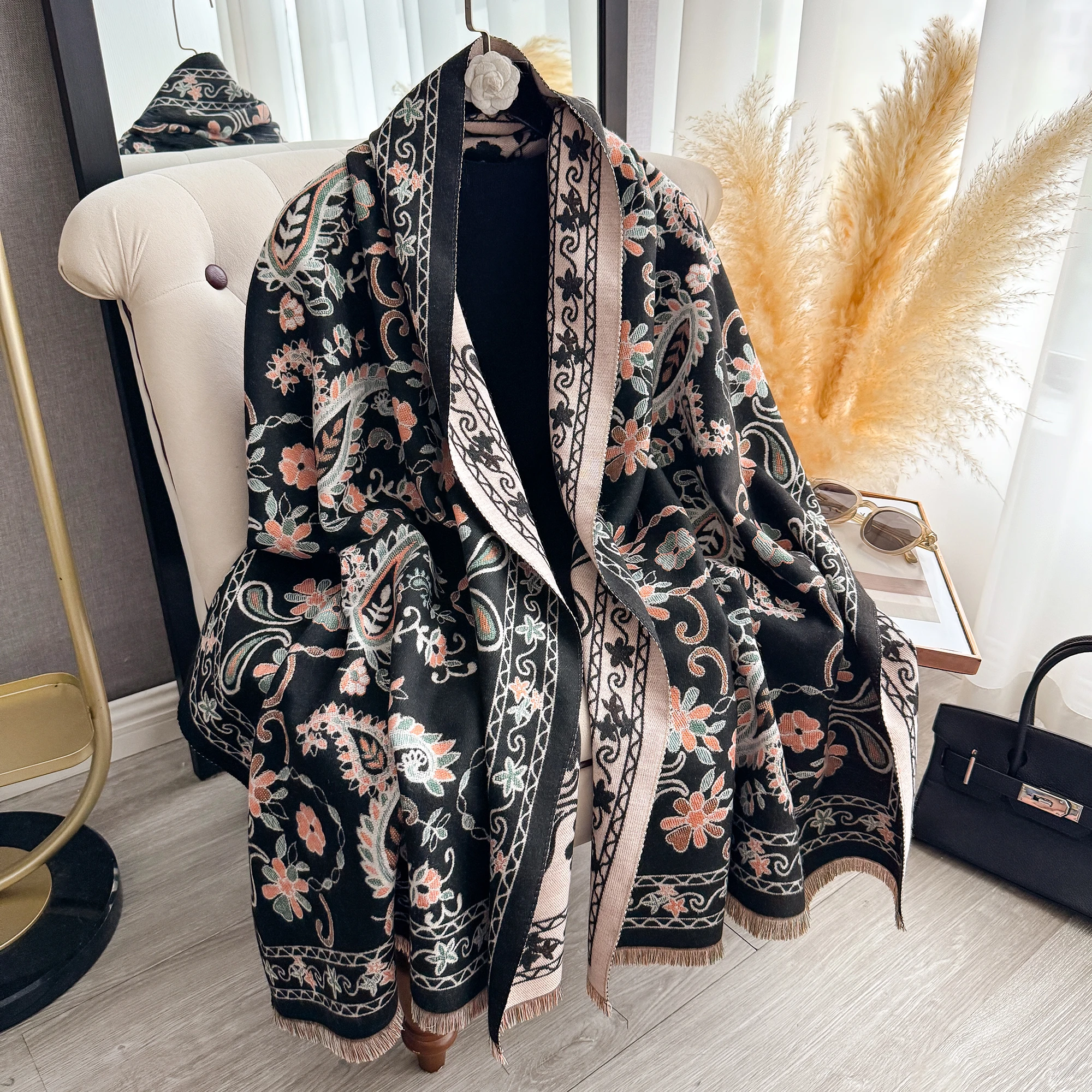 

Женская шаль из искусственного кашемира, теплая защита шеи, жаккардовый шарф, осенне-зимний стиль, функциональное одеяло