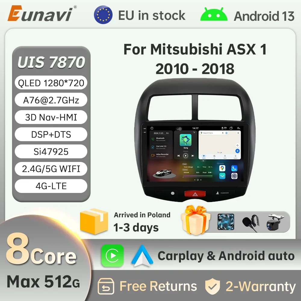 Eunavi 2Din Car Radio Android 13 For Mitsubishi ASX 1 2010-2018 Car Multimedia GPS 4G Carplay Smart Screen