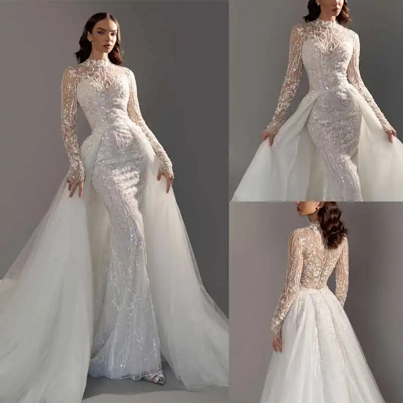 Maßgeschneiderte elegante Brautkleider mit abnehmbarer Schleppe, volle Ärmel, Applikationen, Pailletten, Ausschnitt, Brautkleider Robe De Mariee