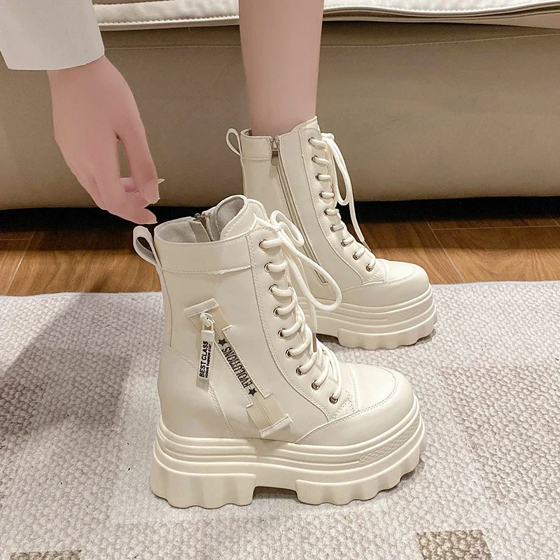 Sepatu bot pendek Chunky untuk wanita, sepatu bot kulit hak tebal musim gugur musim dingin, sepatu bot Punk bertali model baru 9.5CM