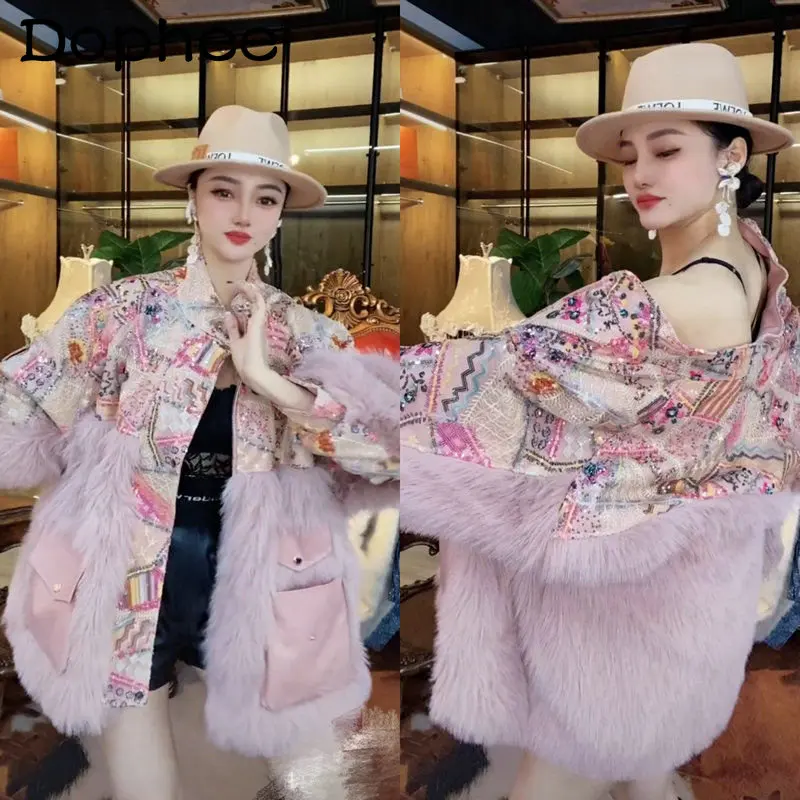 2022 Winter Embroidered Sequins Fur Coat Fox Fur Stitching Cotton-Padded Furry Coats Imitation Fur Trench Coat Overcoat Tide