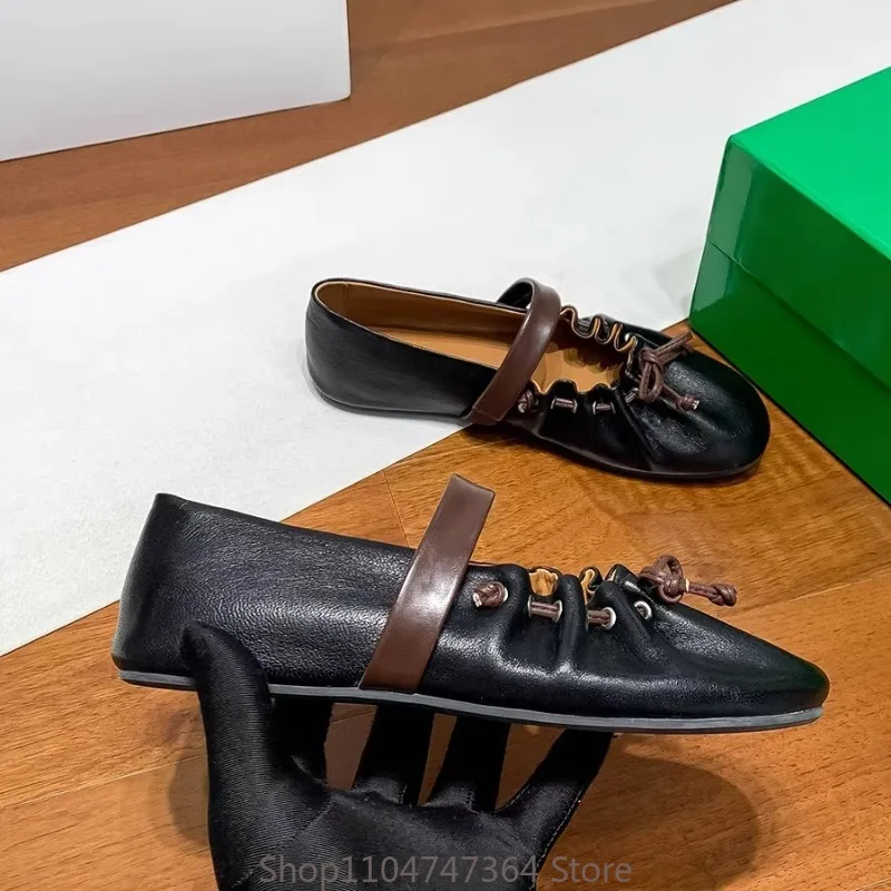 New French Bow Pleated Mary Jane Women's Spring Flat Bottom Shallow Mouth Genuine Leather Fashion Dress Leather Shoe Female