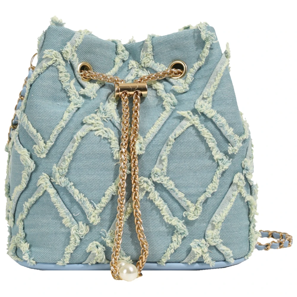 

Denim Bucket Bag Diamond Pattern Women Crossbody Bag Drawstring Shoulder Bag Adjustable Strap Travel Bag