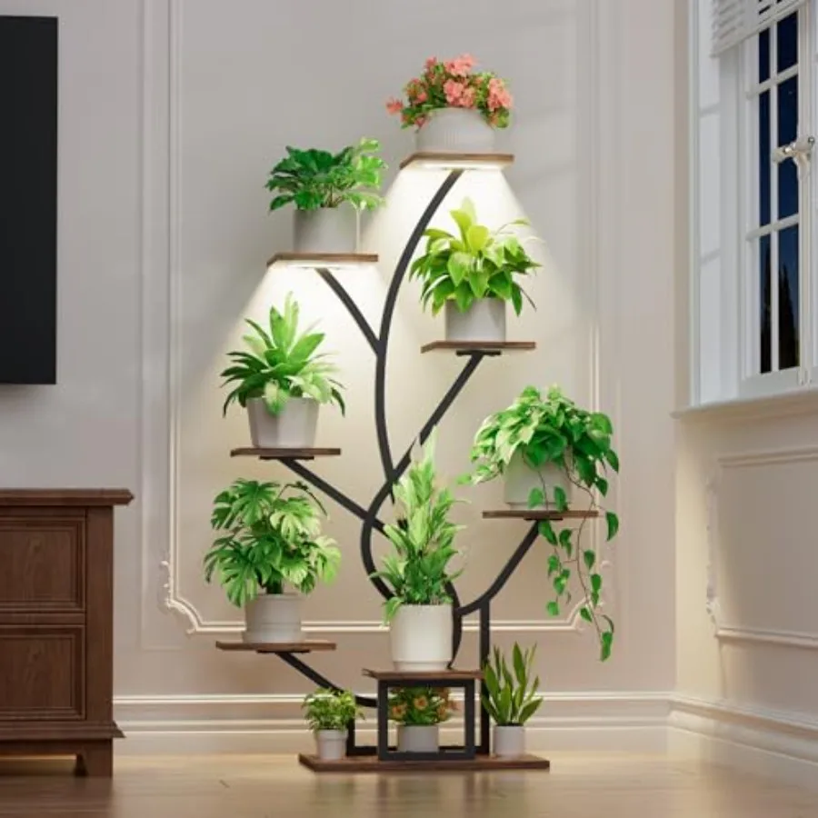 

Indoor plant stand with grow lights: 8-tier corner shelf 50 tall black metal energy-efficient LED lighting for home patio and i