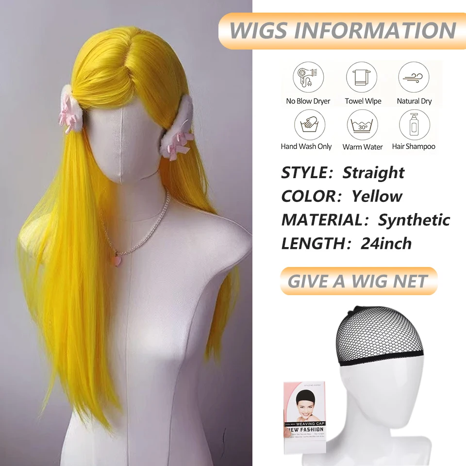 Long Straight Yellow Wig Middle-Part Hairstyle Lolita Cosplay Wig with Bangs High Temperature Fibers Synthetic Wigs for Women