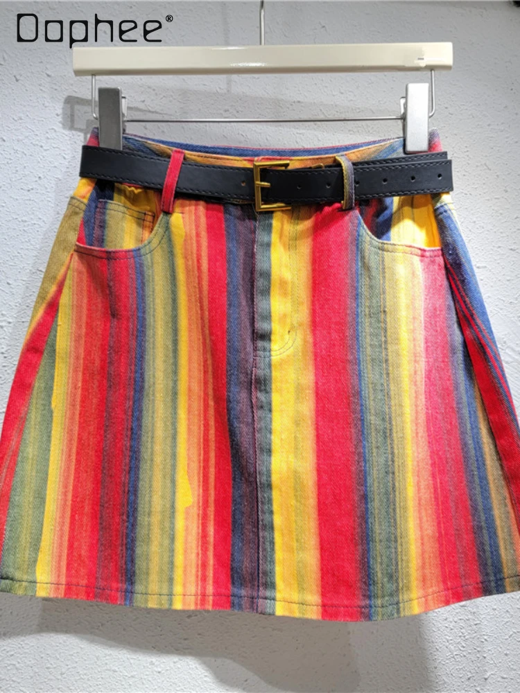 Colorful Striped Rainbow Printing High Waist Denim Skirt female 2024 Summer New A- line Sheath Hot Girl Short Skirt for Women