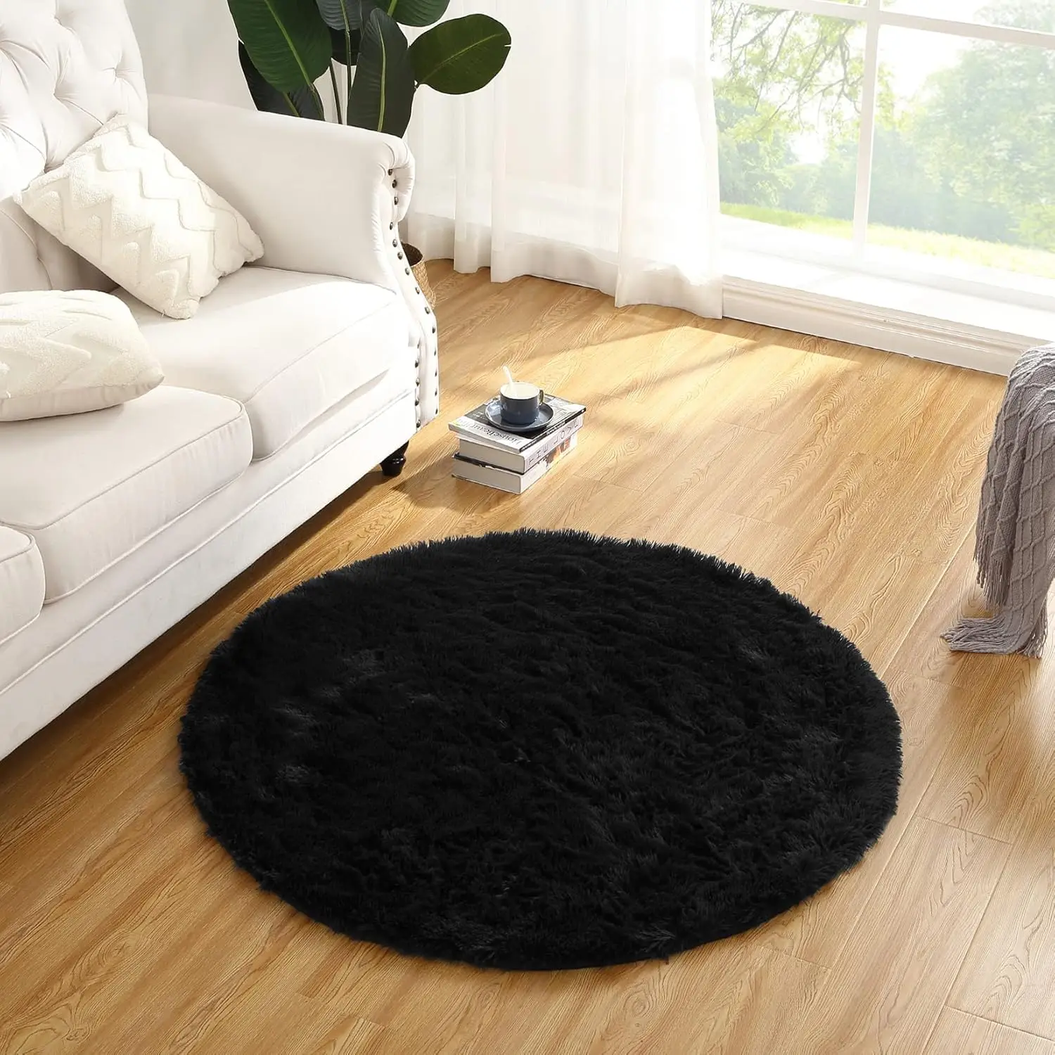 Flauschiger Ultraweicher Batik-Teppich Moderner Luxusteppich Plüsch Flauschiger Teppich Kunstfell Schlafzimmerteppiche Für Wohnzimmer Baby Krabbelteppich, Schwarz 100 x 100 cm Rund