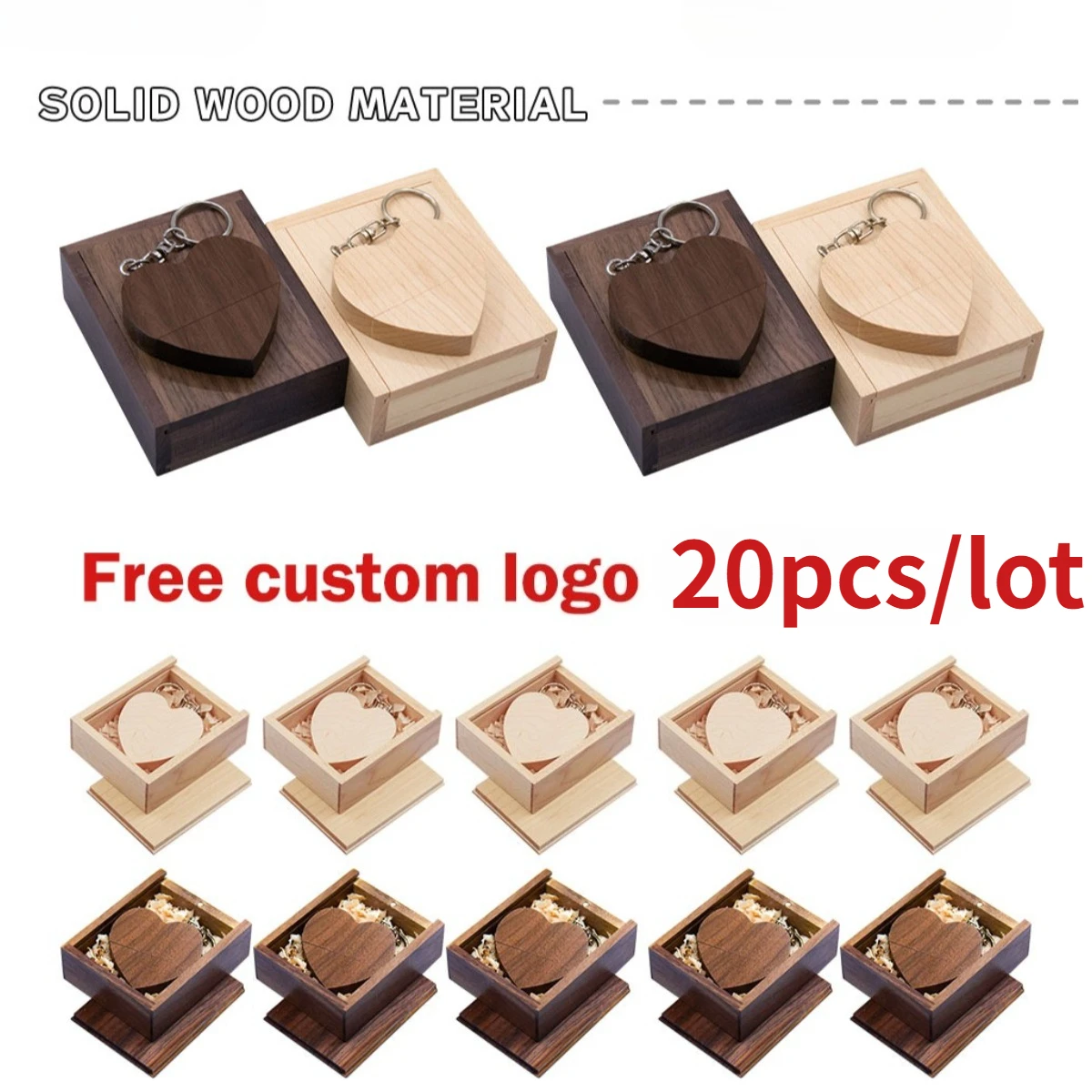 

20 шт. деревянных флеш-накопителей в форме сердца + коробка, 128 ГБ, с бесплатной индивидуальной гравировкой логотипа, USB 2.0, 64 ГБ, 32 ГБ, с брелоком, подарочные флешки