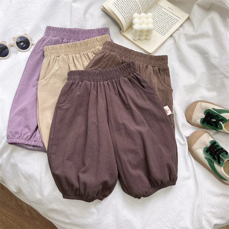 Children's Cropped Pants Summer New Cotton Linen Breathable Solid Korean Casual Pants Toddler Loose Lantern Pants Calf Length