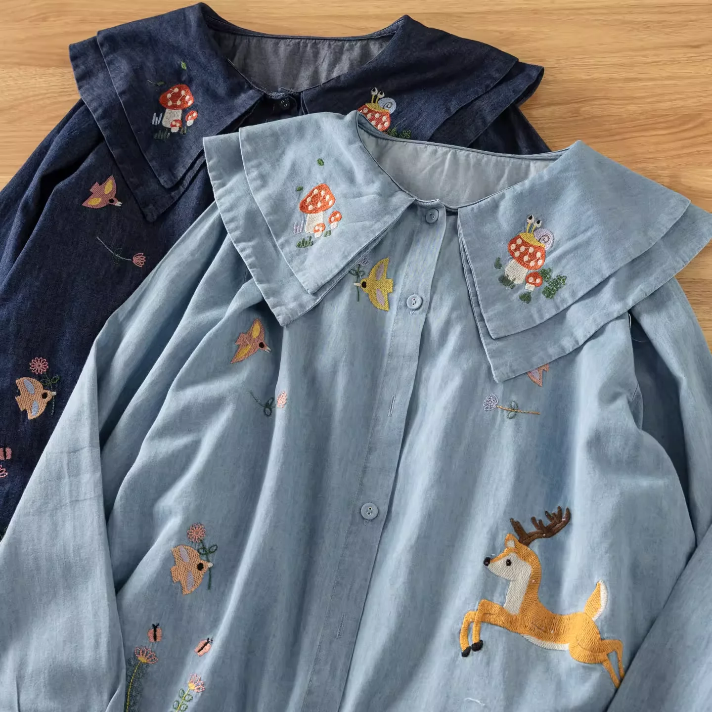 

Mori kei fashion peter pan collar cartoon mushroom fish embroider denim shirts long sleeve blouses for women cute clothes