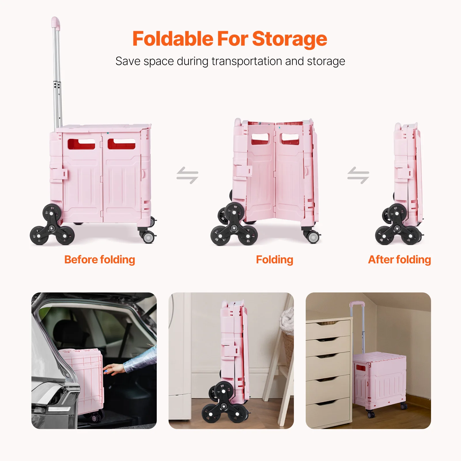 150lbs Stair Climbing Cart Foldable Utility Hand Cart with Wheels Collapsible Crate Rolling Cart for Shopping Office
