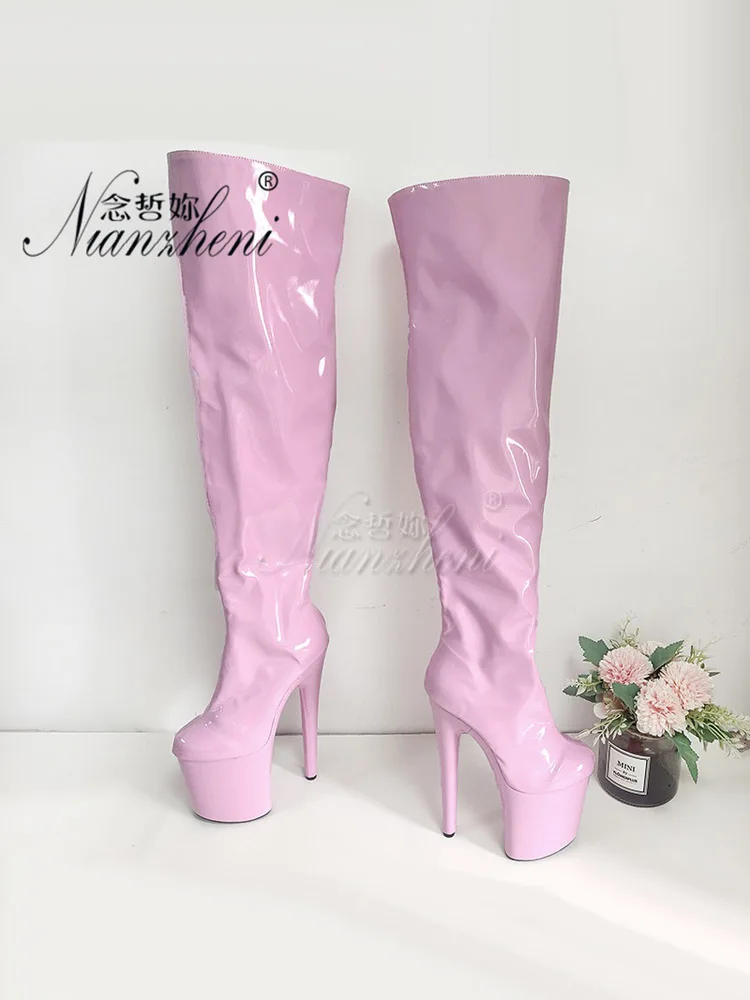 20cm Pink stripper Over The Knee Platform Boots Mature Pole Dance Exotic Women Sexy Fetish Shoes Model Nightclub ultra High Heel