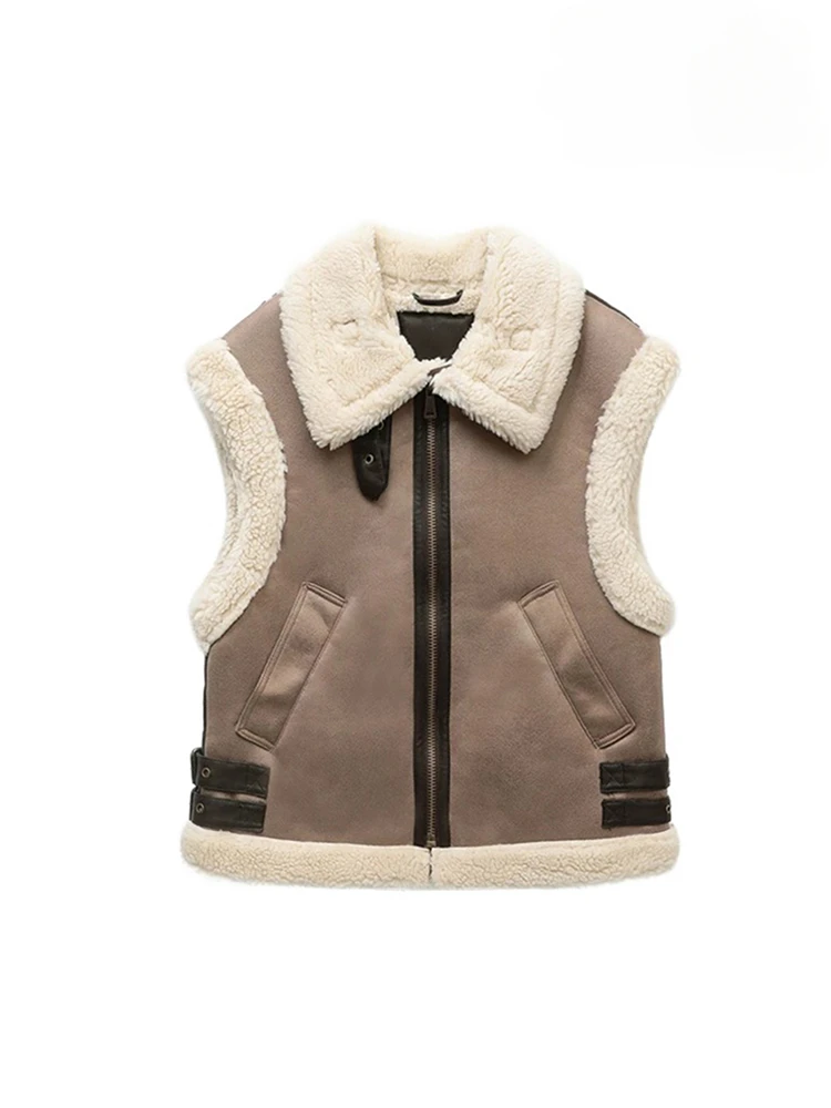 Women's Brown Fur Warm Vest One-piece Lapel Thickened Vest Urban Elegant Women's Commuter Jacket Temperament Zipper Vest