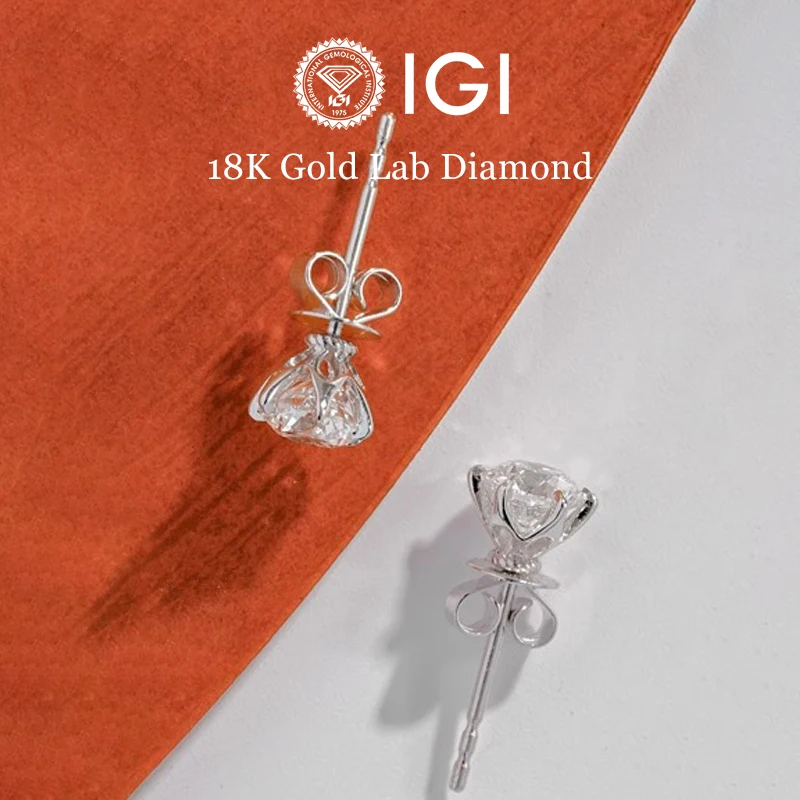 GEMMASTER 18K White Gold Lab Grown Diamond Ear Studs With IGI certificate Real 0.5ct 1ct Lab Dimond Earring Studs Unisex style