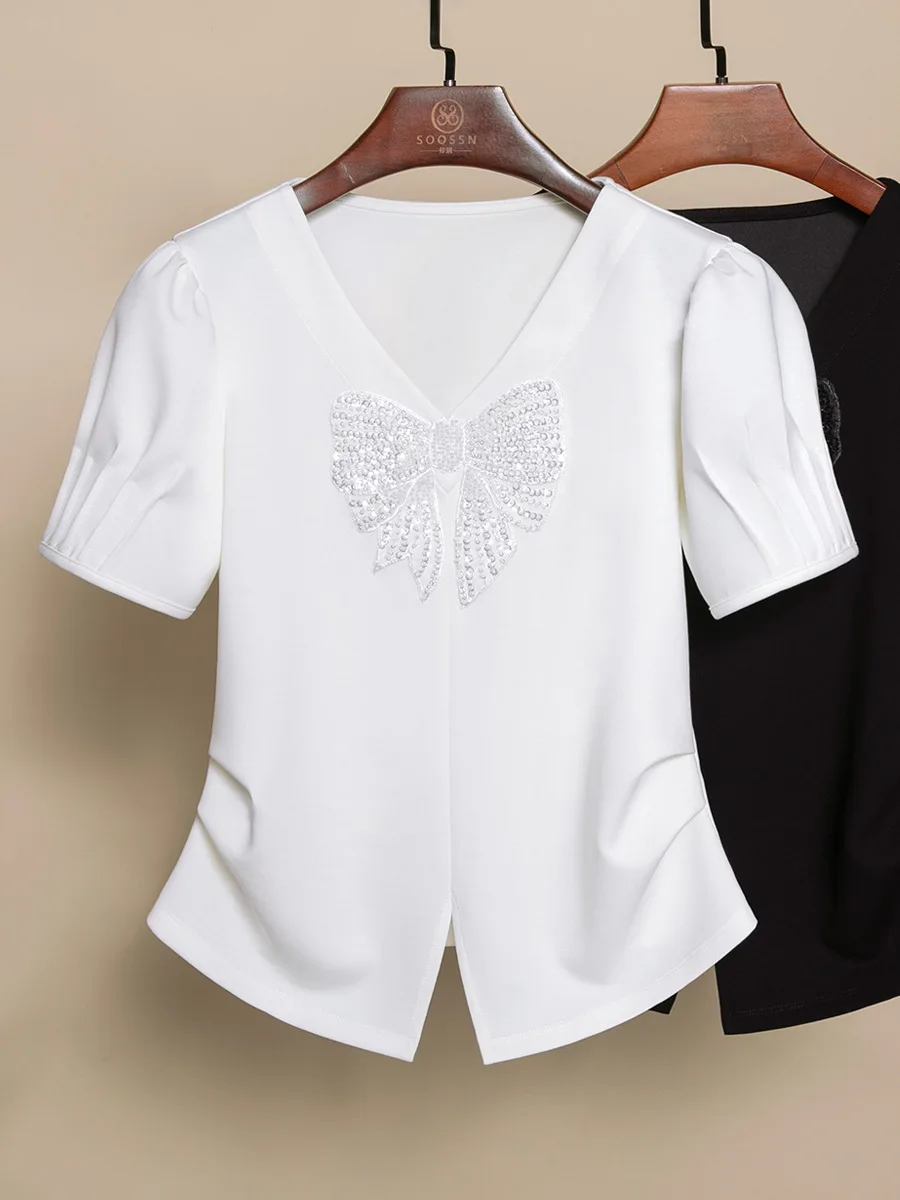 French White Short Sleeved V-neck T-shirt for Women 2024 Rhinestone Embelished Tops Free Shiping Clothes Women Shirts Y2k 3xl