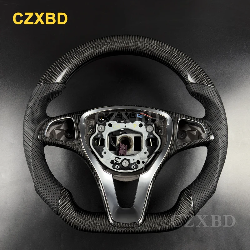 For Mercedes-Benz W176 W447 C180 CLA Glossy Real Carbon Fiber Steering Wheel High Quality Leather Sport Wheel Customized