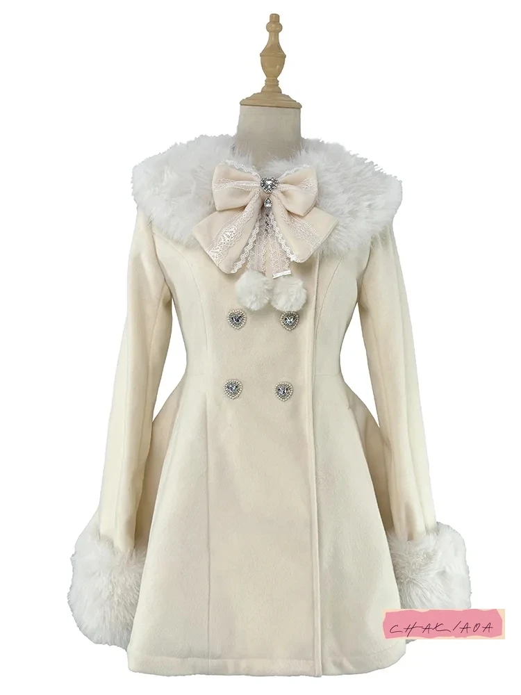 

2025 New Fresh and Sweet Removable Woolen Coat Soft Sister Autumn and Winter Warm Design Sense Niche Bow Black Woolen Coat Women