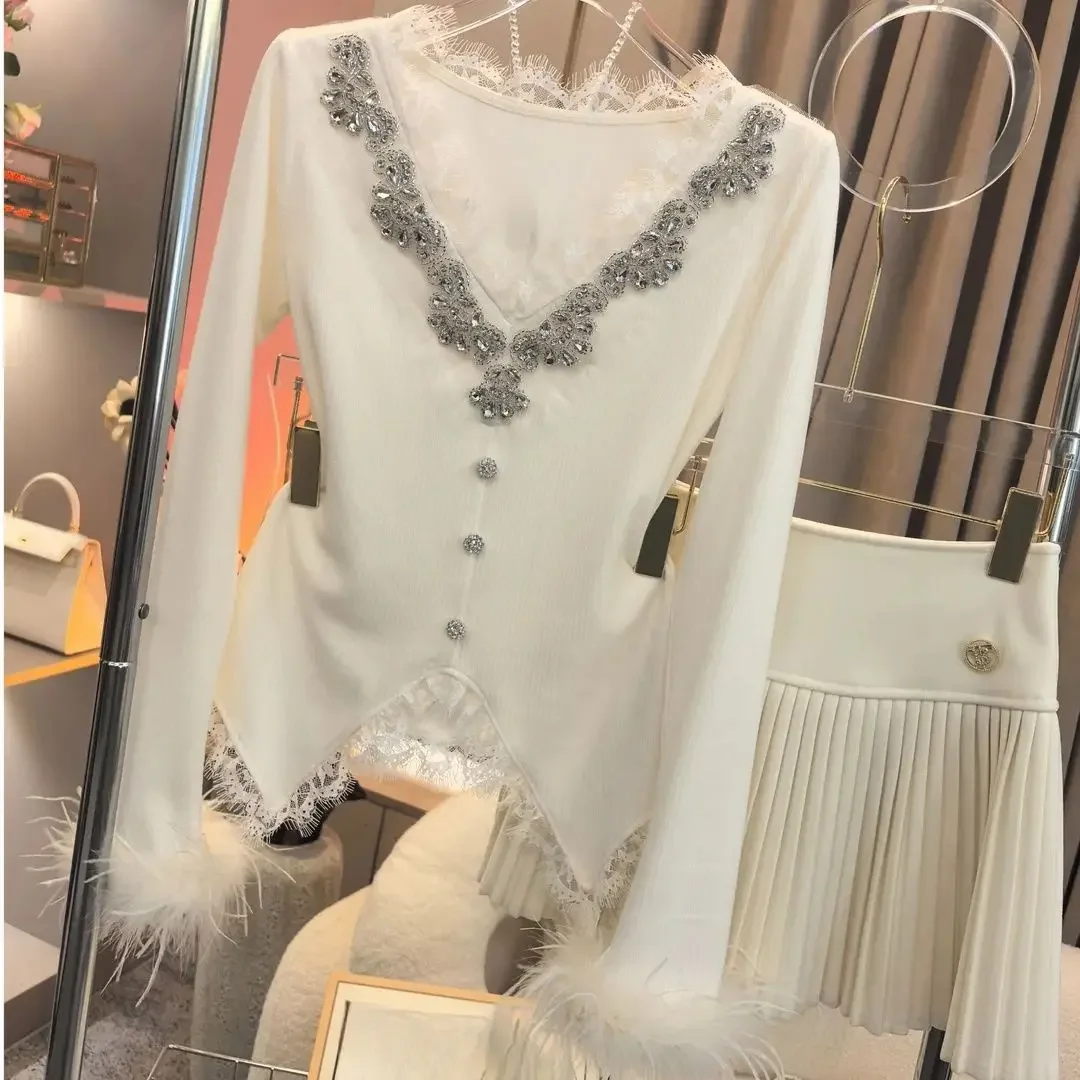 WomenT-Shirt Diamond Studded Lace Long Sleeved Spring and Autumn 2025 Collection