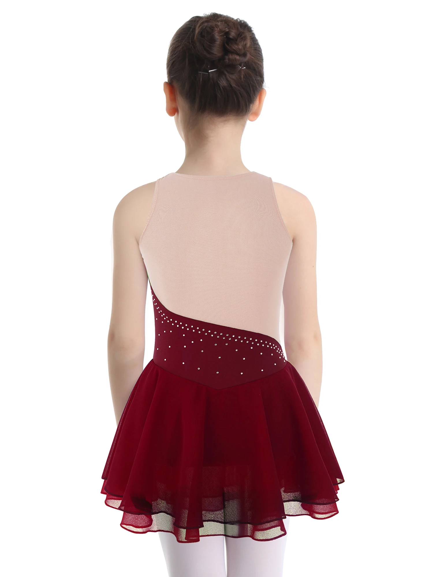 Vestido de leotardo de gimnasia con diamantes de imitación brillantes para niños, empalme de malla, figura de patinaje sobre hielo, traje de espectáculo de competición de baile de Ballet