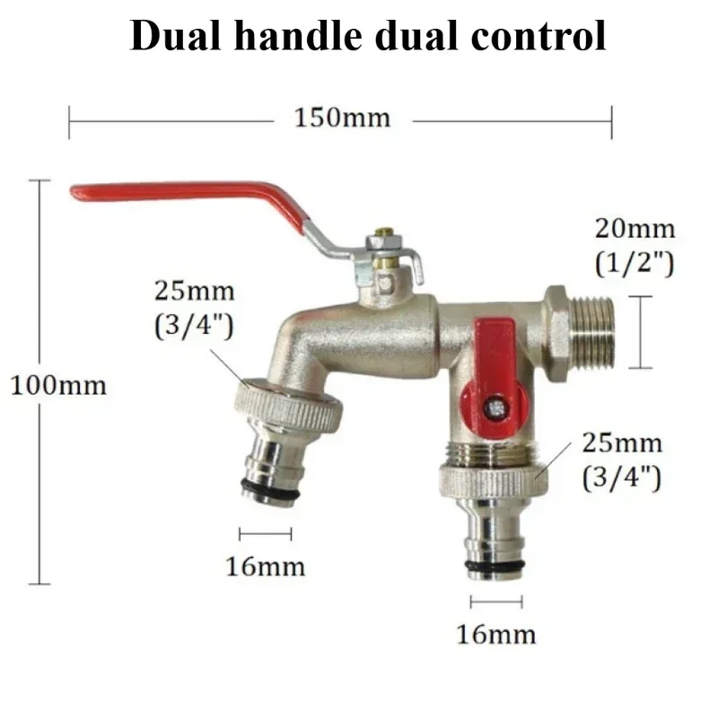 Garden Water Faucet Tape Keys 1/2'' 3/4'' 1 Inlet 2 Outlet Bibcock with Dual Nipple Water Splitter Connector Tap Valve Waterstop