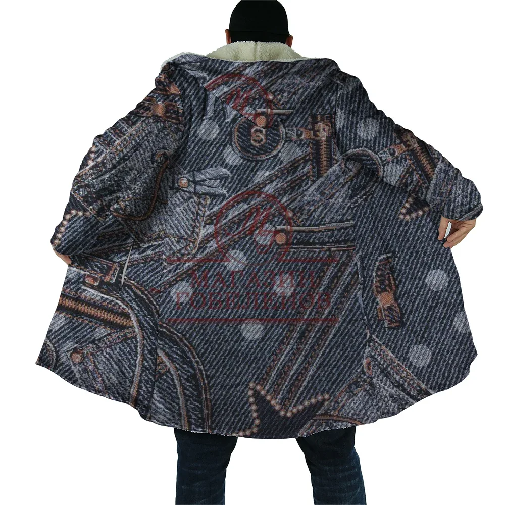 

HX Winter Cape Retro Old Denim Pocket Hooded Fake Denim Cloak for Men Windproof Fleece Hoodie Blanket Mens Coats S-5XL