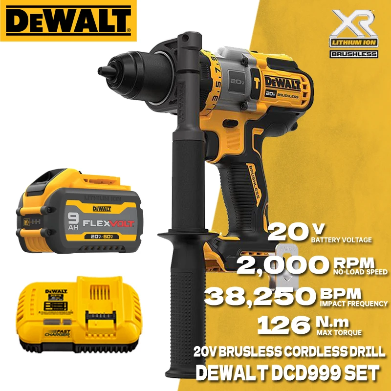 DEWALT DCD999 Cordless Hammer Drill/Driver Kit Flexvolt Advantage Brushless Motor Power Tool Impact Drill With Lithium Battery