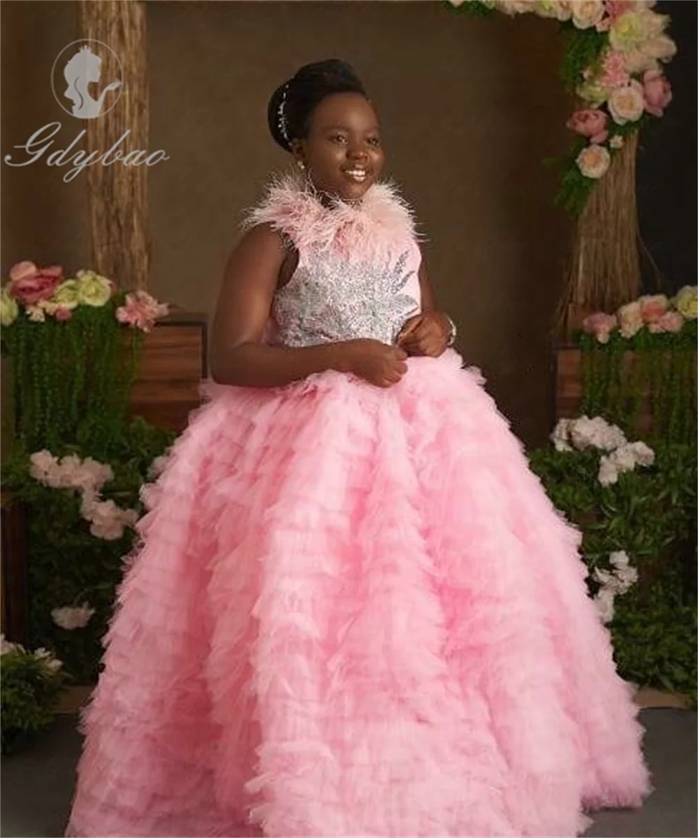 Vestidos de niña de flores de color rosa intenso con cuello de plumas de lujo, vestidos de desfile con volantes de tul para fiesta de cumpleaños, boda, princesa personalizada