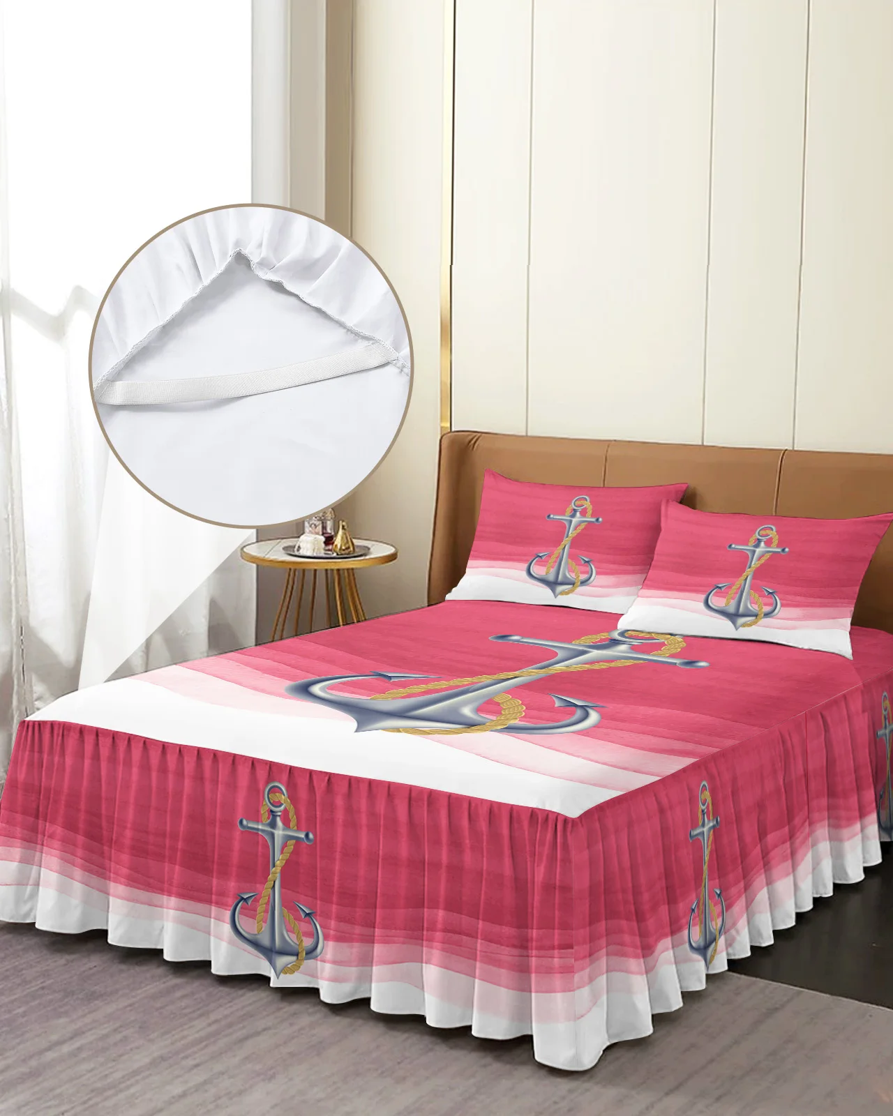 Ocean Gradual Anchor Rose Red Bed Skirt Elastic Fitted Bedspread With Pillowcases Mattress Cover Bedding Set Bed Sheet