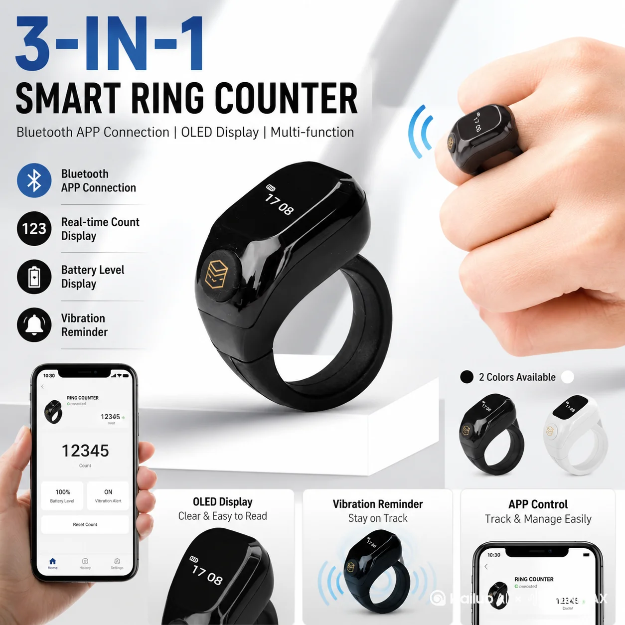 3-in-1 Bluetooth APP Zähler mit OLED-Display, Ringhalter, Erinnerungsalarm und Multifunktions-Zählausrüstung