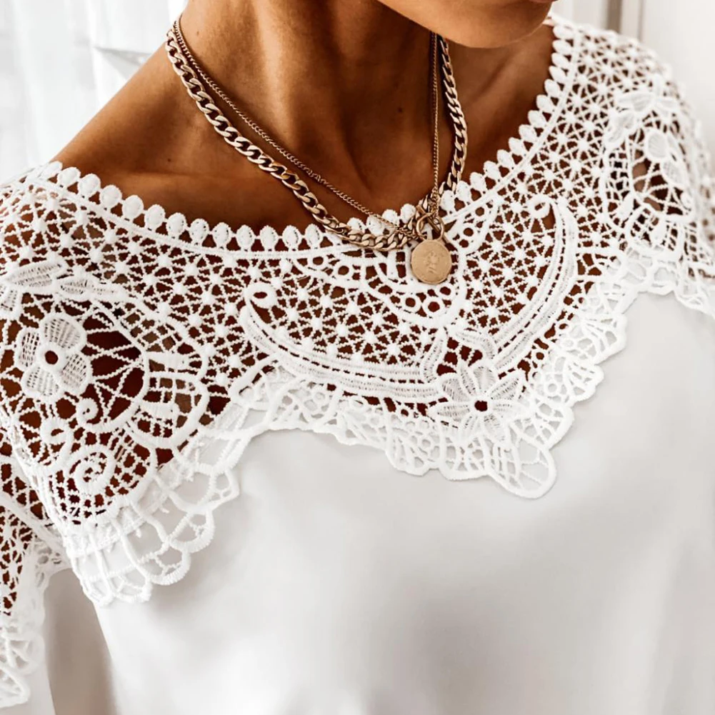 

Black White Color Women's Long-sleeved Hollow Out Lace Splicing Shirts Lightweight Loose Ladies Fashion Shirt Blouse