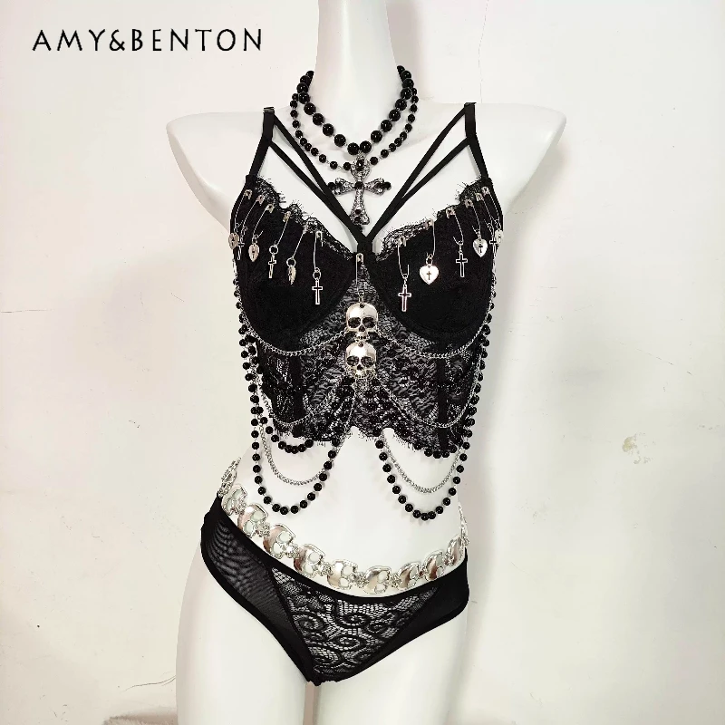

Original Design Black Sexy Lace Hollow Out Pin Chain Women's Vest Punk Dark 2025 Summer New Sweet Cool Y2K Hot Girl Sling Ladies