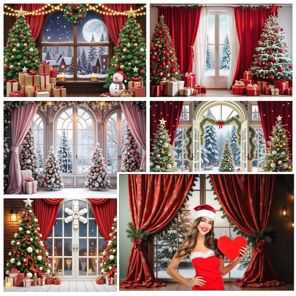 

MOON.QG Christmas Red Curtains Backdrops Xmas Trees Glitter Light Window Backgrounds For Photographs Shooting Props Photo Wall