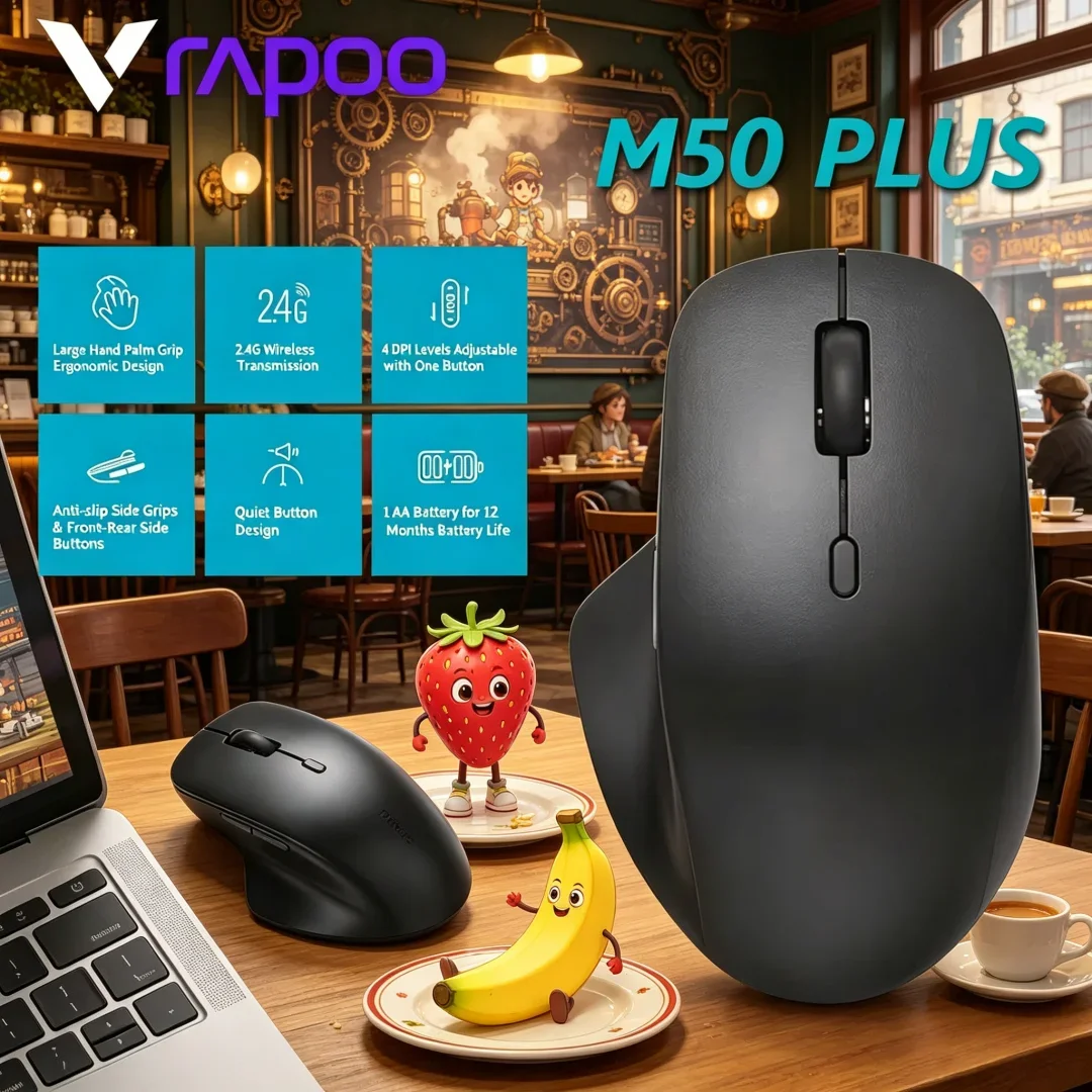 

Rapoo M50 PLUS Silent 2.4G Wireless Mouse Optical Ergonomic Peripheral Crafted For Large Palm For Business Usage,600 DPI Switch
