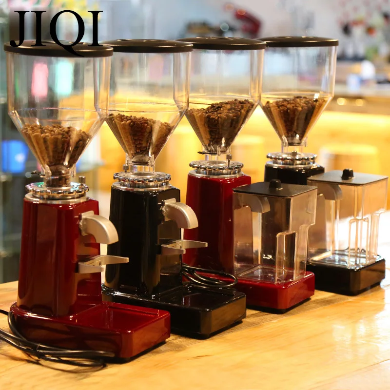 JIQI Electric Coffee Bean Grinder Thickness Adjustable 500g Capacity stianless steel Sieve Filter Plastic Powder Tank 110V/220V