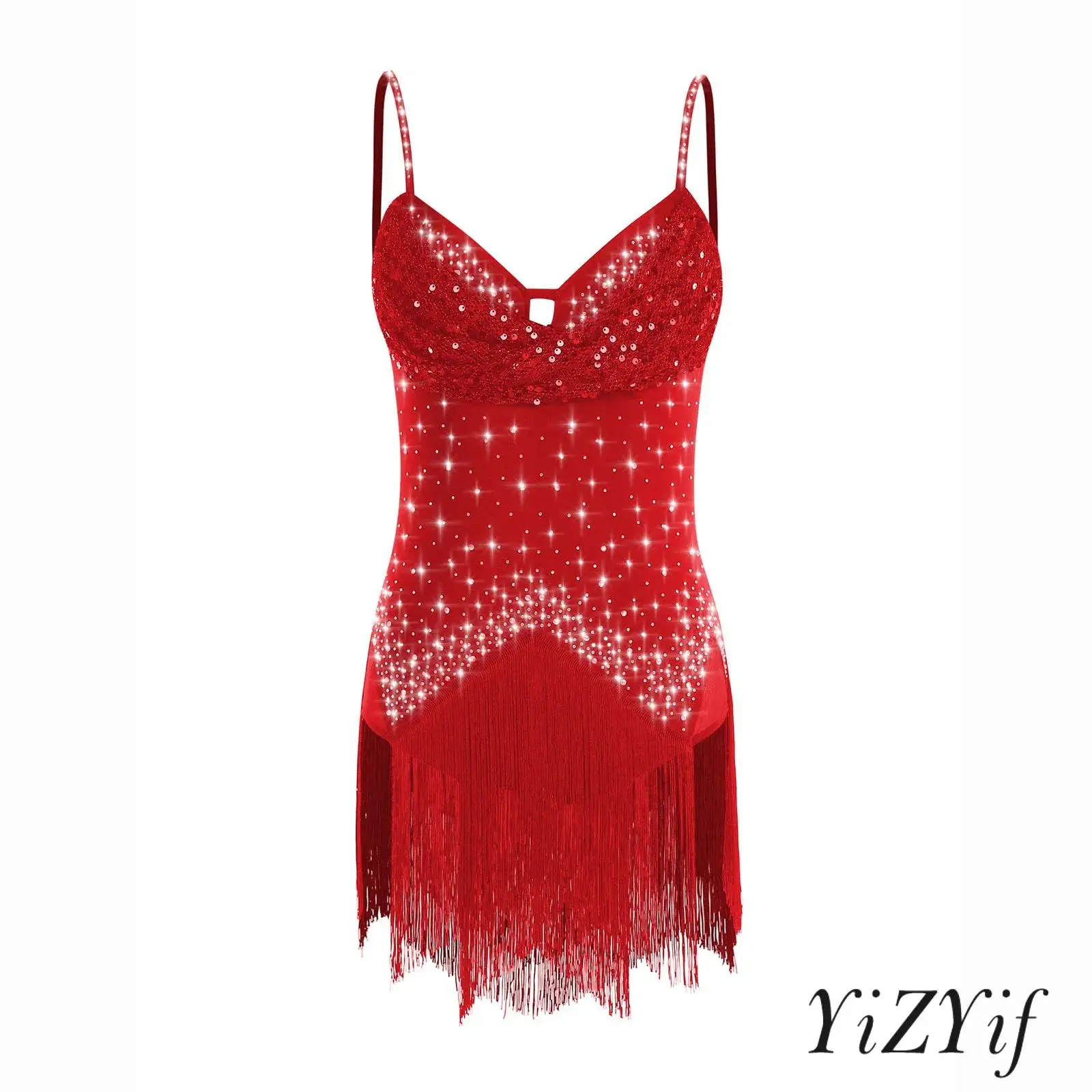 

Womens Latin Dance Sling Bodysuit Sparkly Rhinestone Sequin Fringe Skirted Backless Tango Salsa One-piece Dance Parties Clothes