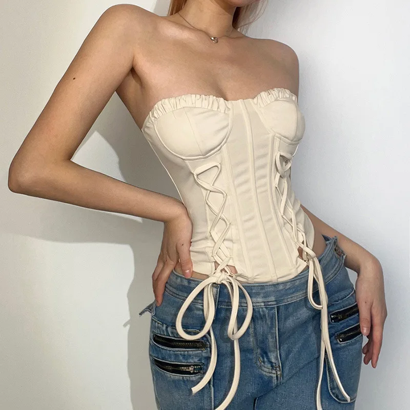 Harajuku Kawaii Vintage Cami Vest Hot Girl Crop Top White Lace Frill Zipper High Waist Bandage Slim Fit Corset Y2K Top Women