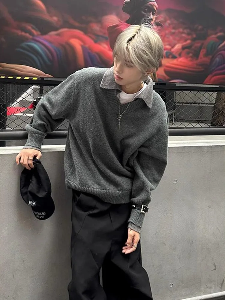 

American Sle Loose Fit V-Ne Knit Sweater Men's Autumn Winter Casual Lazy Sle Knitted Stand Collar Outerwear