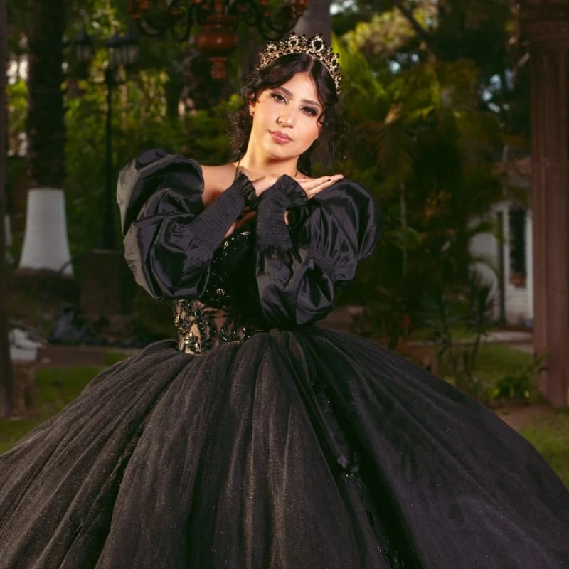 

Customized Shiny Black Quinceanera Dresses Off the Shoulder Long sleeves crystal applique Long tail Vestido 15 Quinceanera