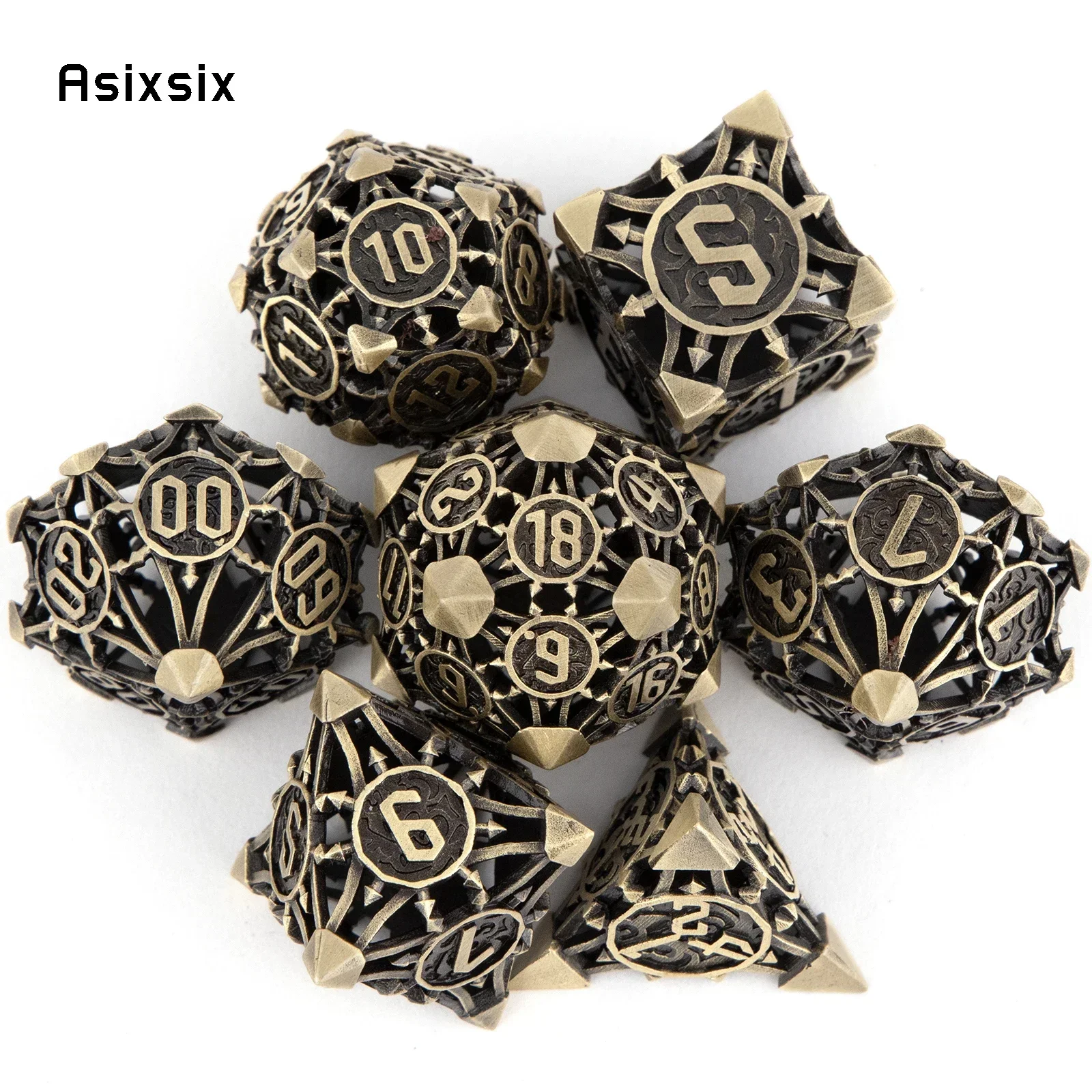 

7 Pcs Yellow Black Metal Hollow Metal Polyhedral Dice Set Suitable For Role-Playing Dice Prop Dice Card Game