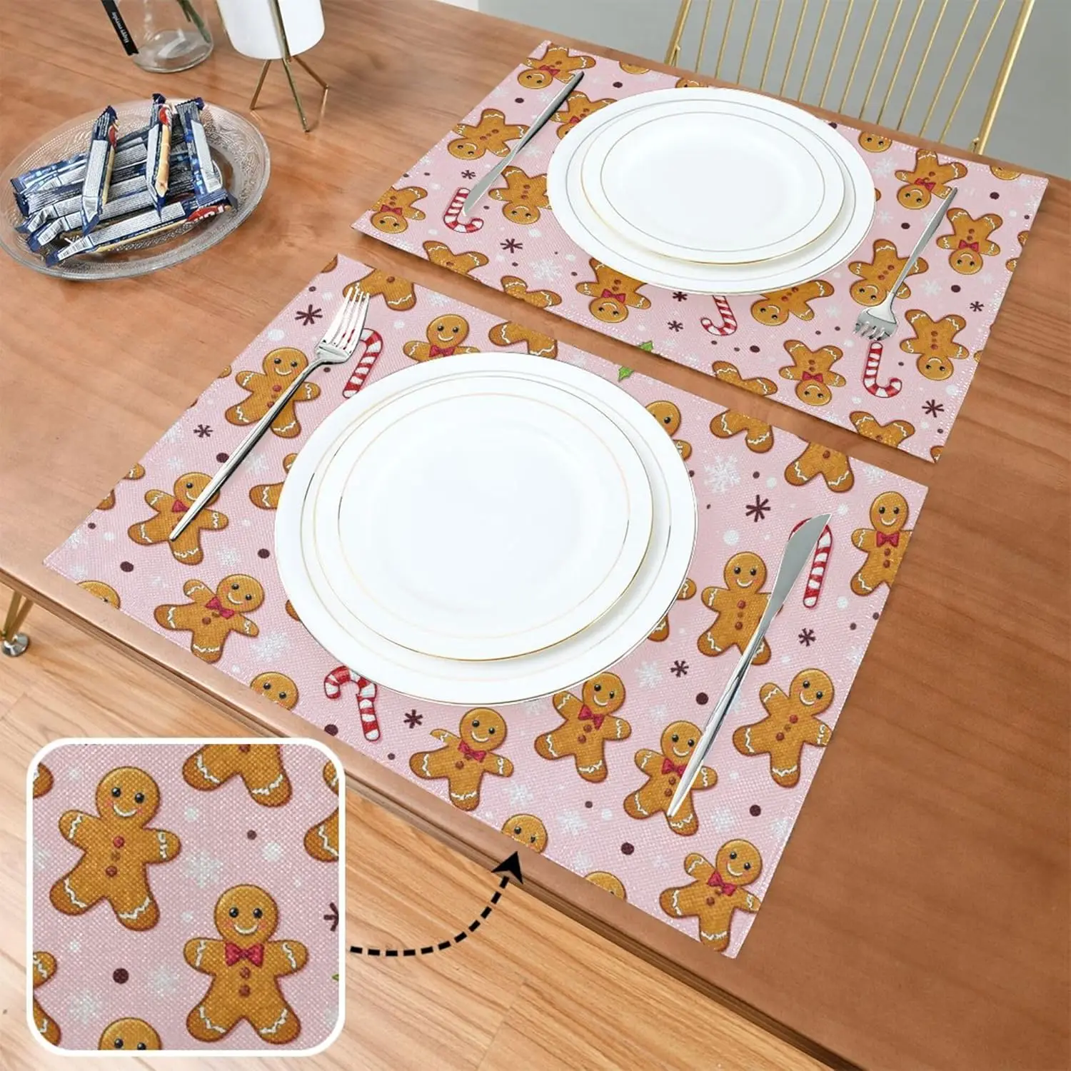 Christmas Gingerbread Man Pink Placemats Set of 4 Winter Snowflake Candy Cane Xmas Poinsettia Table mats Burlap Placemat Kitchen