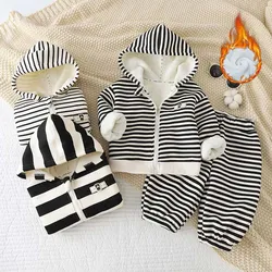 Girls Thick Padded Set Boys Striped Ciat Pants 2 Pieces Children Hooded Sports Suit Autumn Winter Warm Cardigan Clothes