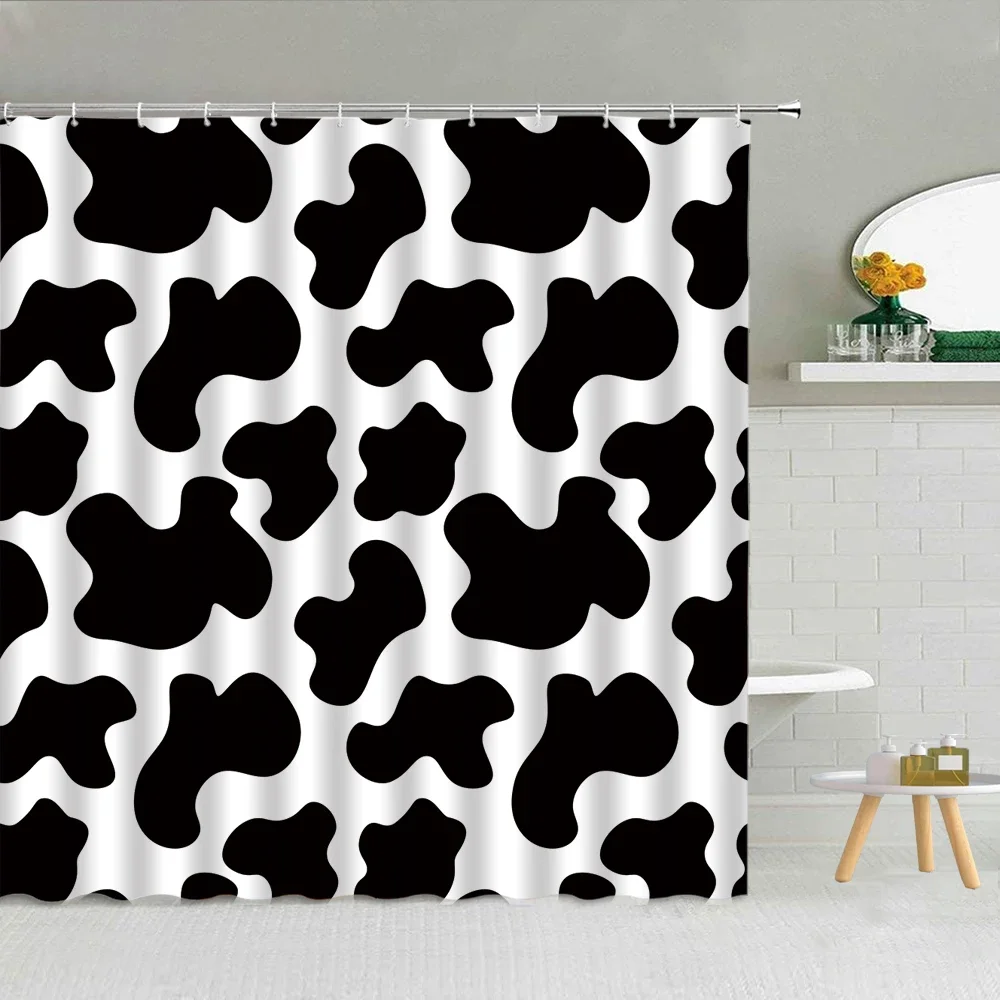 Black And White Cow Spots Shower Curtain Camouflage Plaid Wood Grain Leopard Geometric Pattern Bath Decor Fabric Hooks Curtains