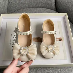 Britain Style Girls Leather Shoes Versatile Bow with Pearls Cute Kids Princess Mary Janes for Party Wedding Shows 2023 New Child