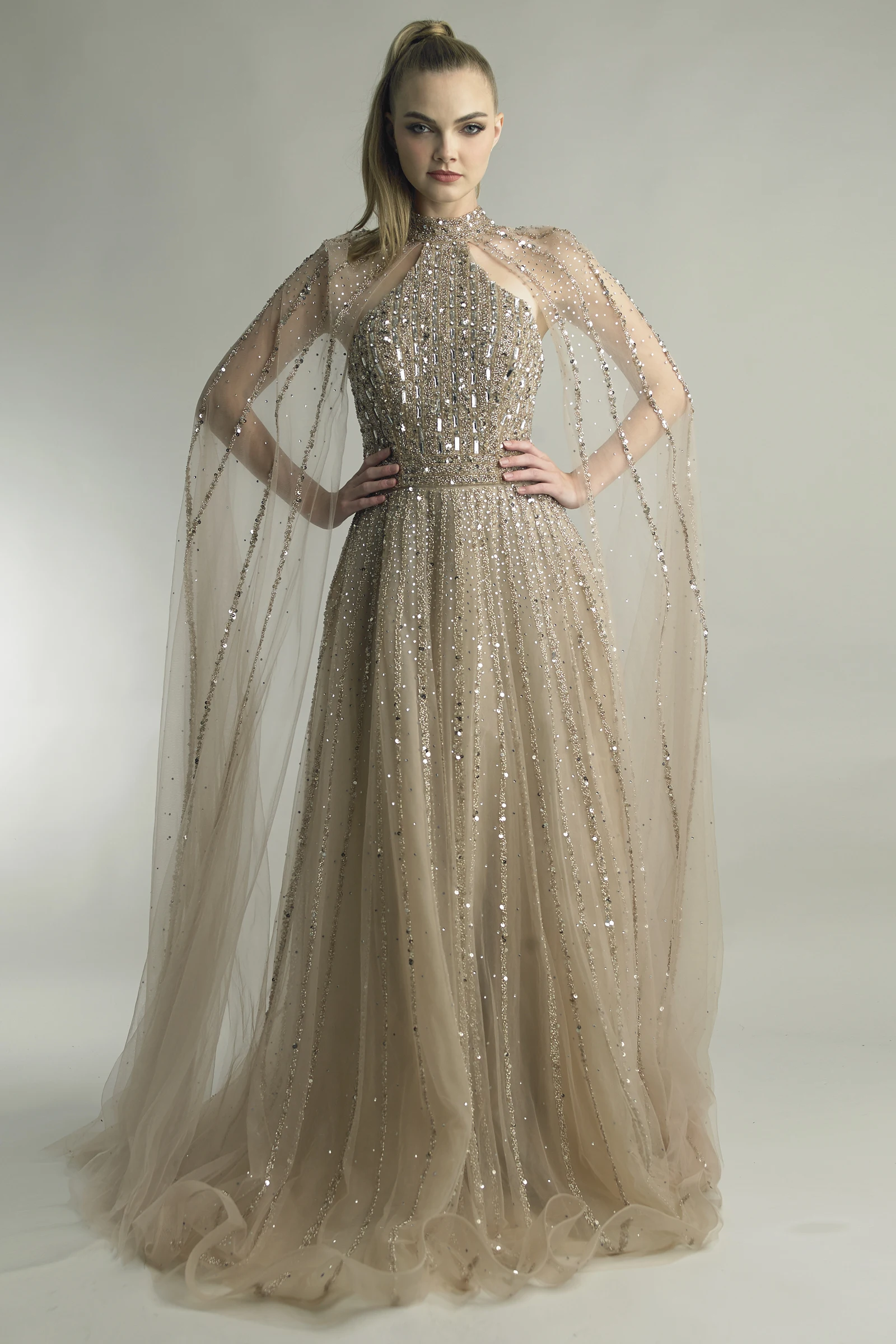 

Customized Elegant Formal Gown Champagne Beaded Sequin Luxury High Neck Cape Sleeve Lace Prom Wedding Party A-line Floor Dress