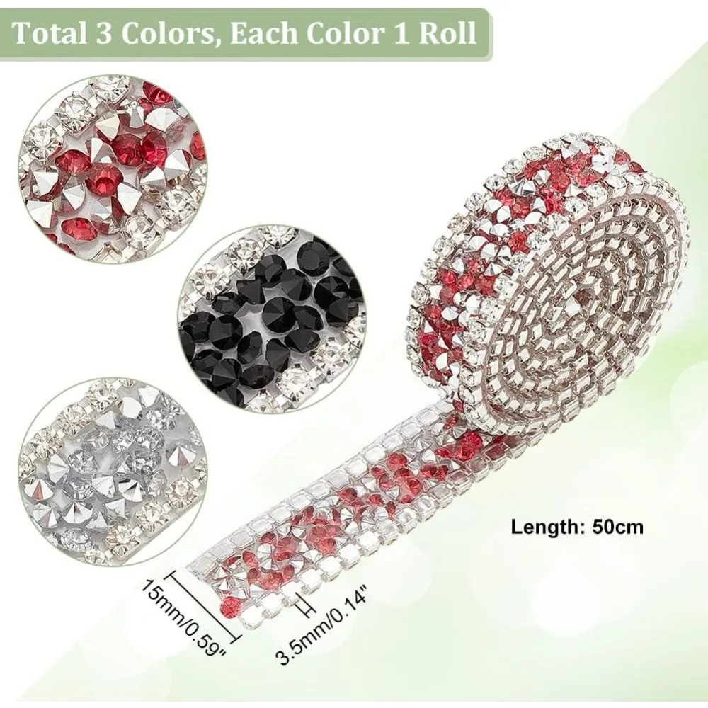 1.6 Yard 3 Colors Crystal Rhinestone Trim, 0.6 Inch Hot Fix Ribbon Chain Iron On Applique Embellishment for DIY Wedding Bridal