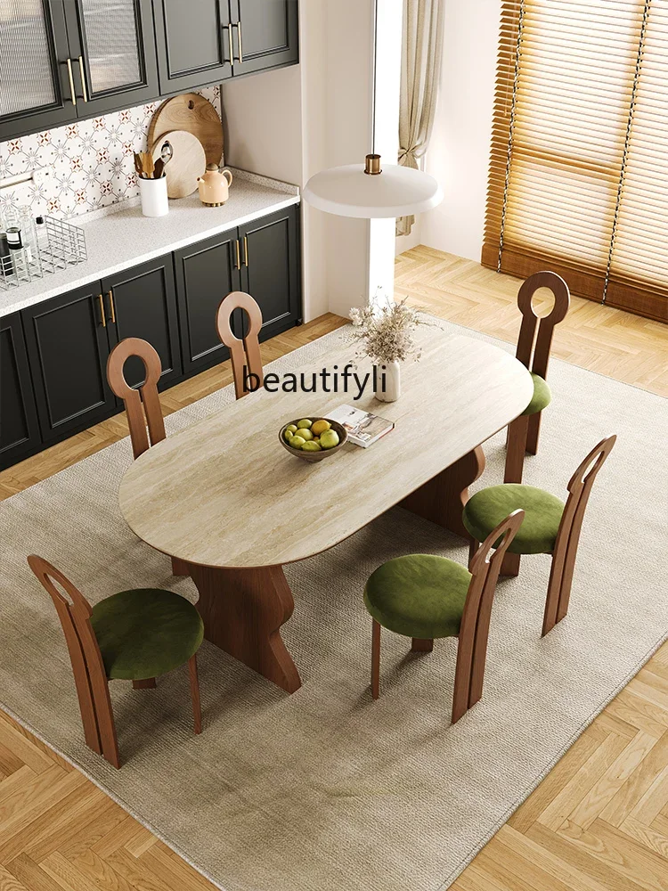 

A13 French Retro Stone Plate Dining Table and Chair Eight-Immortal Table Nordic Solid Wood Hollow Stone Dining Table