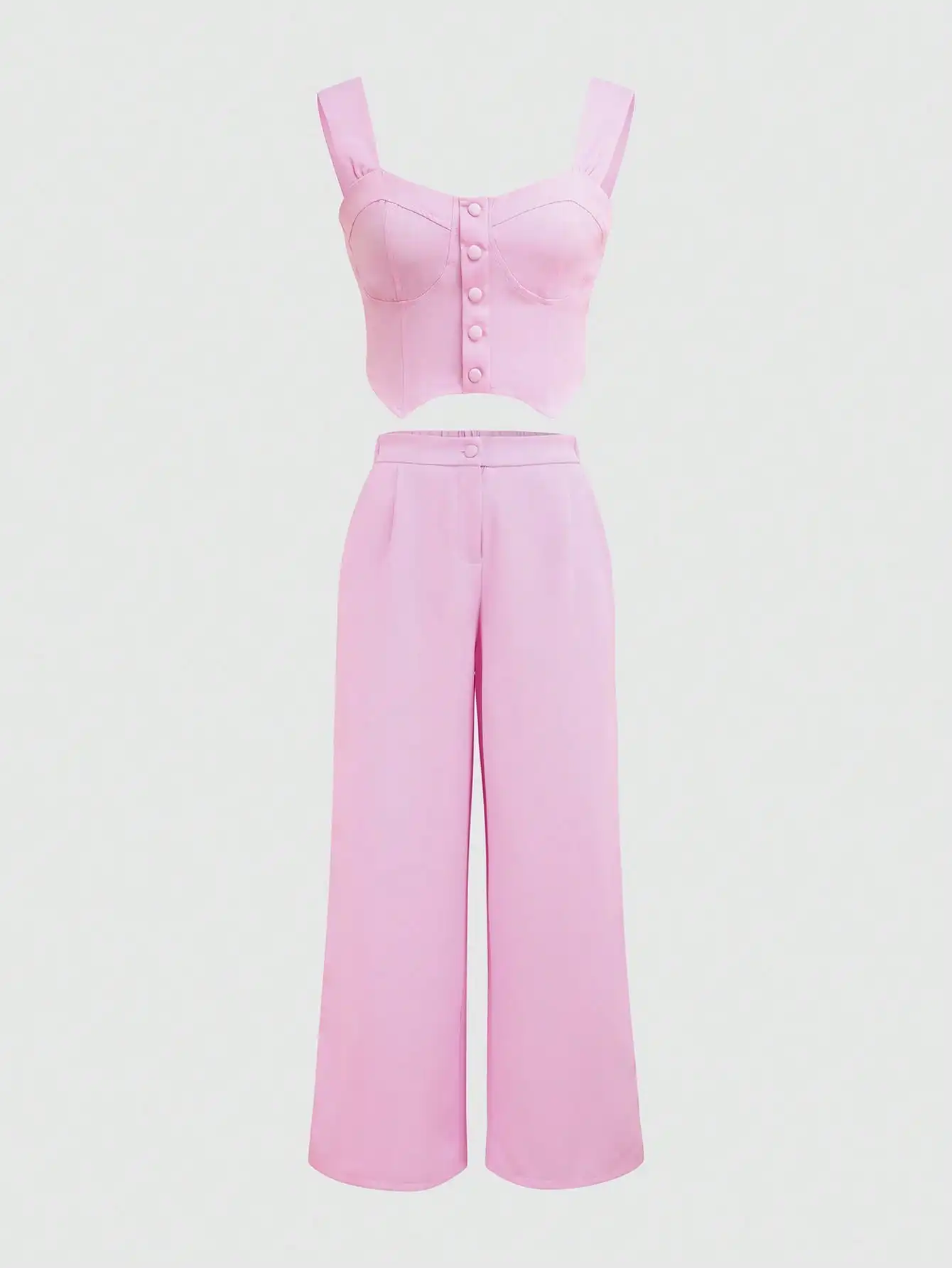 

Women's Pink Button-Front Crop Top and Wide-Leg Pants 2-Piece Set