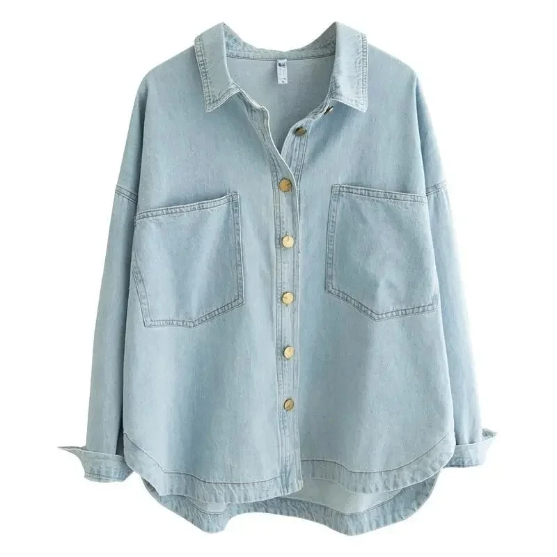 High-End Washed Light Blue Denim Shirt Women 2025 Spring Autumn New Coat Loose Slim Cowboy Jacket Casual Joker Female Trend Top