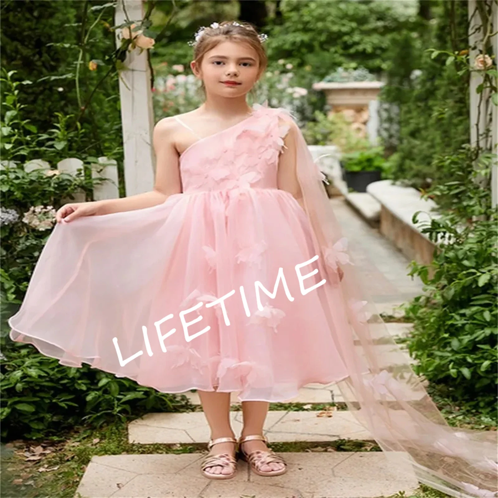 Flower Girls Dresses LittlCustomize Flower Girl Dress Elegant Pink Single shoulder Formal Occasion Wedding Birthday First Commun